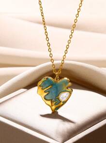 1pc Stainless Steel & Rhinestone Multicolor Oil Drop Heart Pendant Necklace For Women - Green - View 1