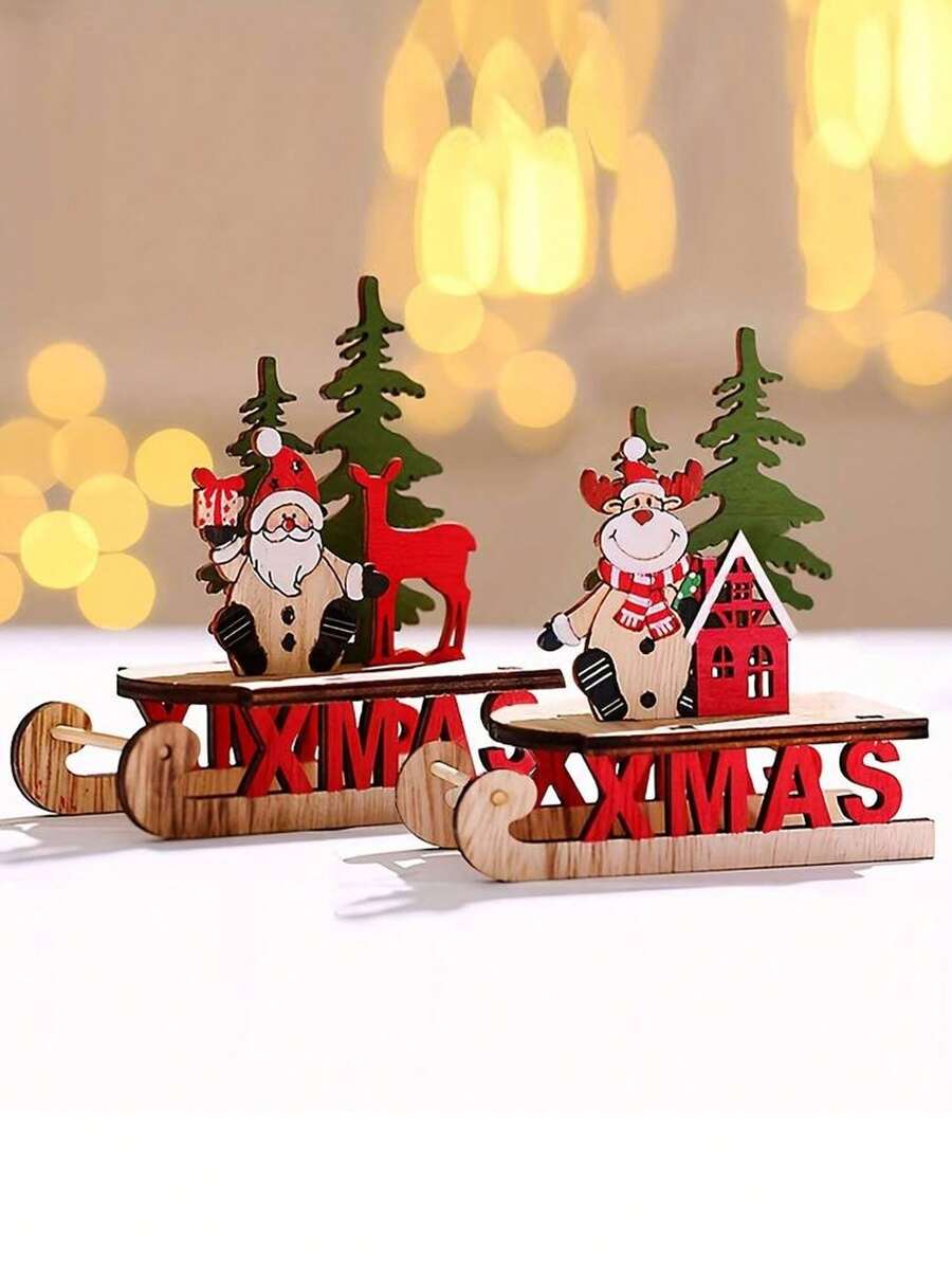 1入組木質聖誕鹿雪橇裝飾diy卡通老人滑雪家居擺設禮品diy聖誕裝飾品 - 麋鹿 - 查看 1