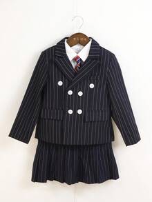 5入組女童正式服裝套裝,包括條紋西裝外套、背心、襯衫、百褶裙和領帶,適用於秋冬季 - 藏蓝色 - 查看 2
