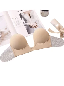 Sexy Deep V Shape Invisible Silicone Bra Lift Cleavage, Lingerie - Apricot - View 5