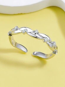 1入組女士s925純銀鑲嵌鑽石波浪戒指,時尚獨特風格無名指休閒戒指,珠寶配件