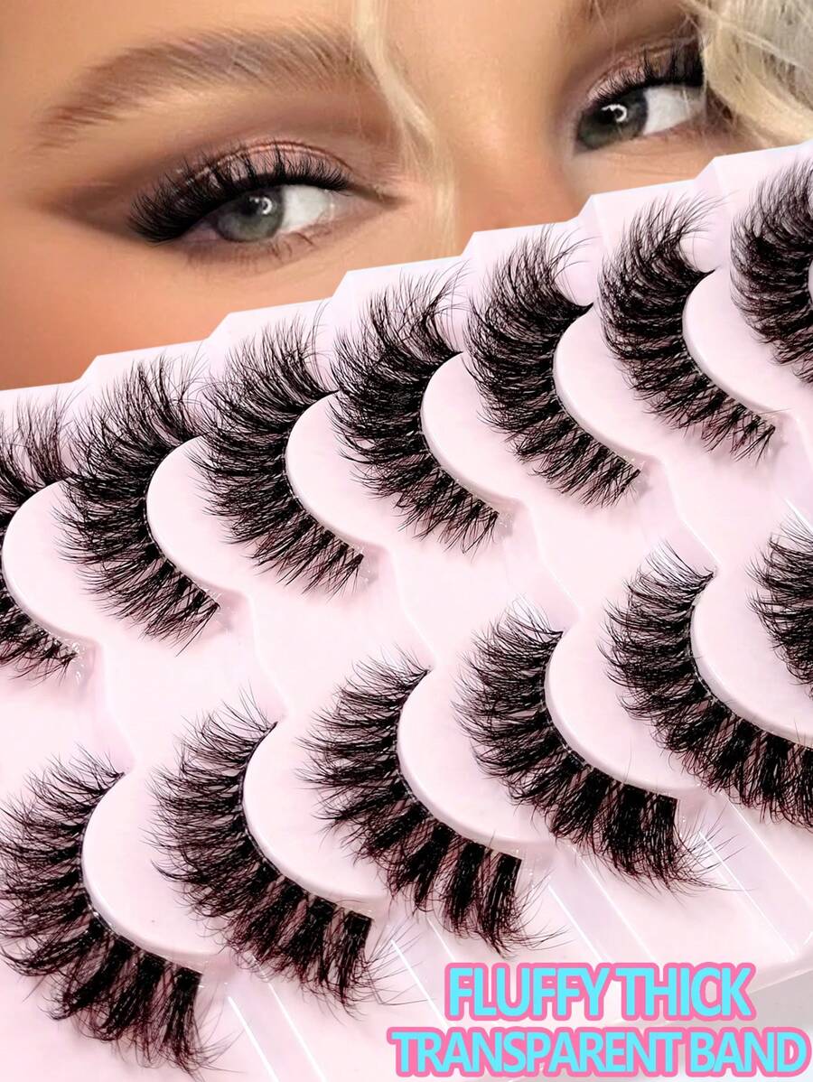 Asiteo 7 Pairs 3D Transparent Eyelashes With Natural Soft Faux Mink Lashes, Fluffy Curly Cat Eye False Eyelashes - 黑色 - 查看 1