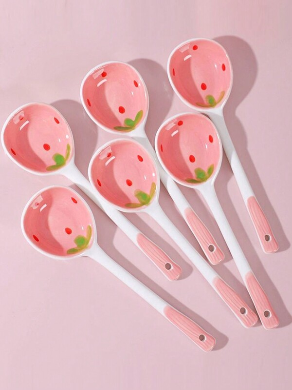 1pc/2pcs/4pcs/6pcs Pink Strawberry Ceramic Spoon Long-Handled Soup Spoon Houseware Spoon Dessert Spoon Set,Kitchen,Christmas Gift,School Supplies