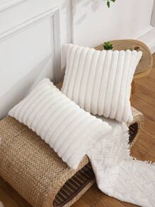 1pc Autumn And Winter Striped Faux Rabbit Fur Solid Color Pillowcase - Krem - View 7