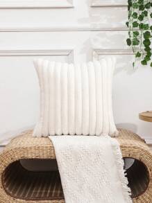 1pc Autumn And Winter Striped Faux Rabbit Fur Solid Color Pillowcase - Krem - View 5