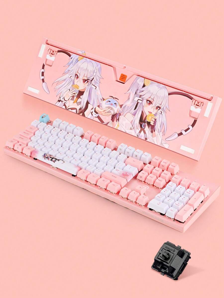 1pc Gk91 Gaming Mechanical Keyboard With Black Switch, Pink Wired Keyboard 104-key Full Anti-ghosting Pbt Keycap, Suitable For Gaming And Office