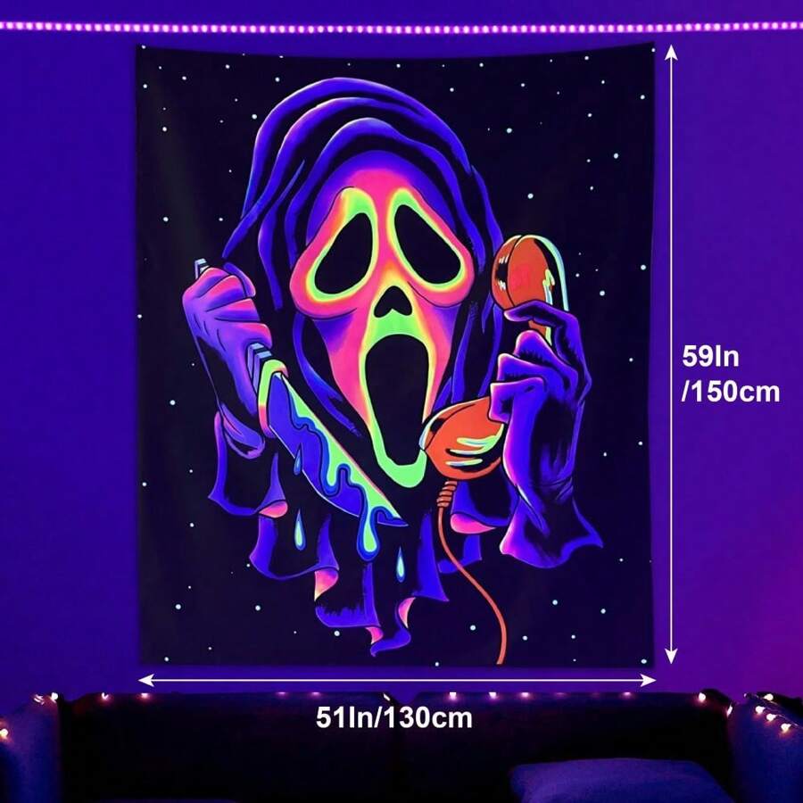 Blacklight Horror Face Tapestry, UV Reactive Tapestry Wall Hanging