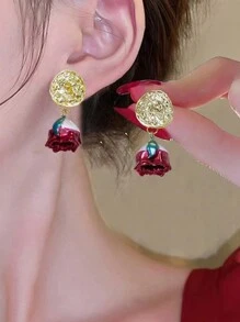Bông tai hoa hồng Mori Style Super Elf, Hoa hồng tối giản & Hoa tai hình học dạng lủng lẳng dành cho phụ nữ, Trang sức tai phong cách người nổi tiếng phổ biến trực tuyến - Đỏ - Xem 4