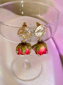 Bông tai hoa hồng Mori Style Super Elf, Hoa hồng tối giản & Hoa tai hình học dạng lủng lẳng dành cho phụ nữ, Trang sức tai phong cách người nổi tiếng phổ biến trực tuyến - Đỏ - Xem 1