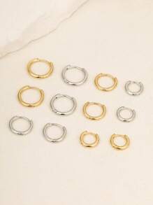 17KM 12pcs Simple Geometric Shaped Copper Metal Earrings Suit For Women Daily Wearing & Wedding Gift - Yellow Gold - View 3