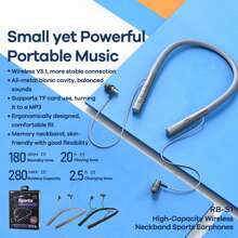 REMAX 最新款无线运动耳机，支持 TF 卡，颈带式耳机，蓝牙，防水/紧凑型，适用于运动、跑步、锻炼、驾驶，20 小时播放时间，黑色 - 黑色 - 查看 8