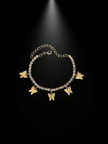 Fashionable Butterfly Shaped Pendant Anklet For Women, With Rhinestone Detail, Perfect For Vacation Beach Accessory - Gold - View 2