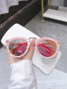 1pc Ladies' Pink Round Frame Sunglasses, Perfect For Taking Pictures - Pink - View 1