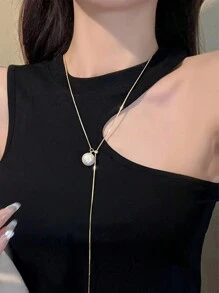 1pc Simple Titanium Steel Faux Pearl & Snake Chain Pendant Necklace