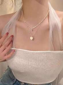 1入新款時尚人造珍珠和鑽石裝飾的心形吊墜多層項鍊,適用於女性假日禮物 - 銀色 - 查看 1