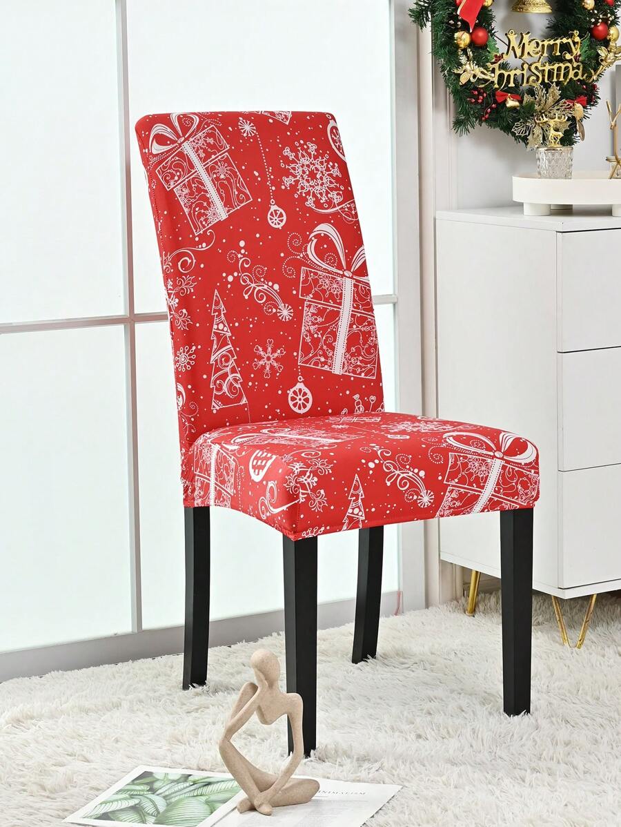 1pc Christmas Themed High Elasticity Chair Cover, Festive Decor Dining Chair Cover For Living Room Dining Chair - Red and White - View 1