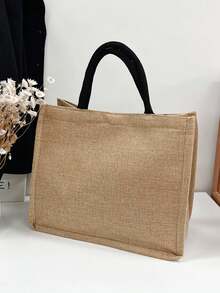 Solid Color Minimalist Linen Tote Bag For Travel And Vacation - Khaki - View 6