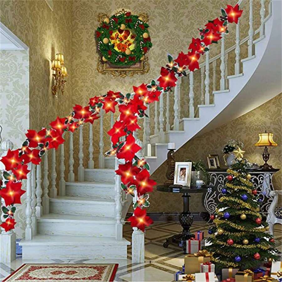 9.84ft 20 Rose ,Flower String, Holiday Lights Indoor For Christmas Bedroom Wedding Valentines Day Decorations,Christmas Garland Pinecones Red Berry Garland Garland For Mantle Fireplace Table Indoor Outdoor Garland Decor Party Birthday,Valentine'S Day,Mother'S Day Gift - 白色 - 查看 1