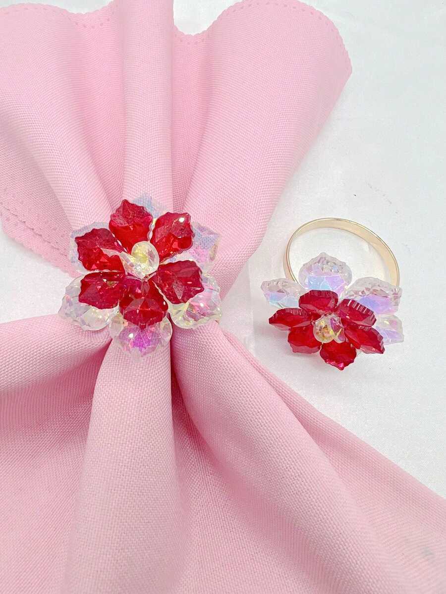1pc Red Crystal Flower Napkin Ring - Red - View 1