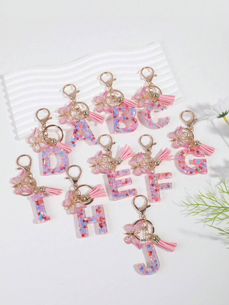 1pc Women's Fashionable Keychain With English Letter And Heart Shaped