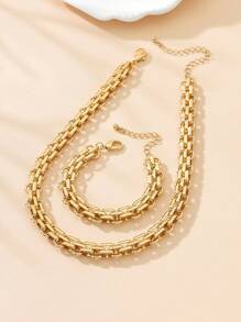 1 Set Street Hip Hop Punk Style Exaggerated Thick Metal Chain Bracelet & Necklace Jewelry Set For Women - Yellow Gold - View 2