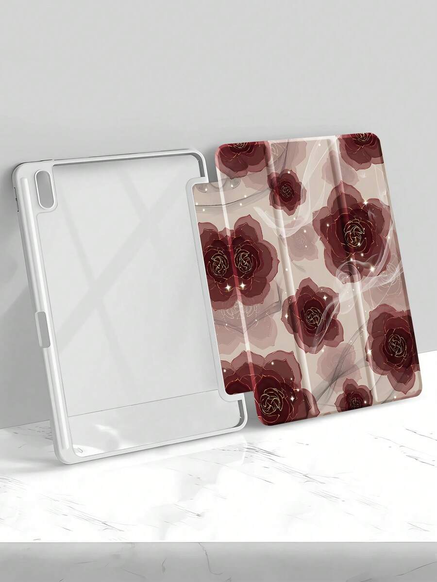 Bonita Funda De Protección Anticaídas Con Patrón De Flores De Rosa Roja De Acrílico Y Cubierta Trasera Compatible Con Ipad, Compatible Con La Función De Suspensión/activación - Multicolor - Ver 1