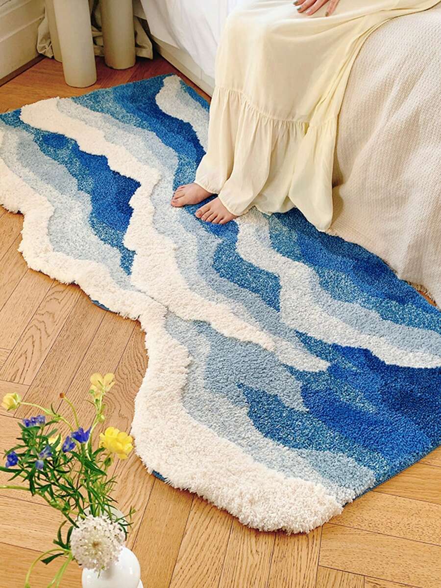 1入組海浪系列絨面客廳咖啡桌裝飾地毯,加厚吸水垫適用於浴室、臥室、入口門、防滑地墊 - 藍白色 - 查看 1