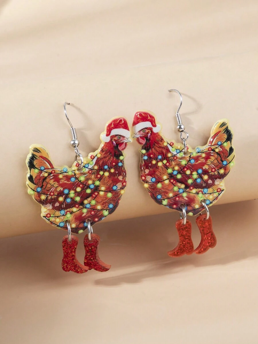 1pair Christmas Acrylic Chicken Earrings With Christmas Hat, Suitable For Women To Wear On Christmas - Multicolor - View 1