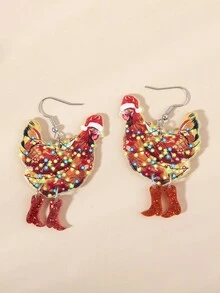 1pair Christmas Acrylic Chicken Earrings With Christmas Hat, Suitable For Women To Wear On Christmas - Multicolor - View 3