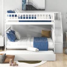Stairway Full Bunk Bed with Twin Size Trundle and Drawers, Solid Wood Bunk Bed Staircase Full Over Full Bunk Bed with Trundle and Staircase - 白色 - 查看 2