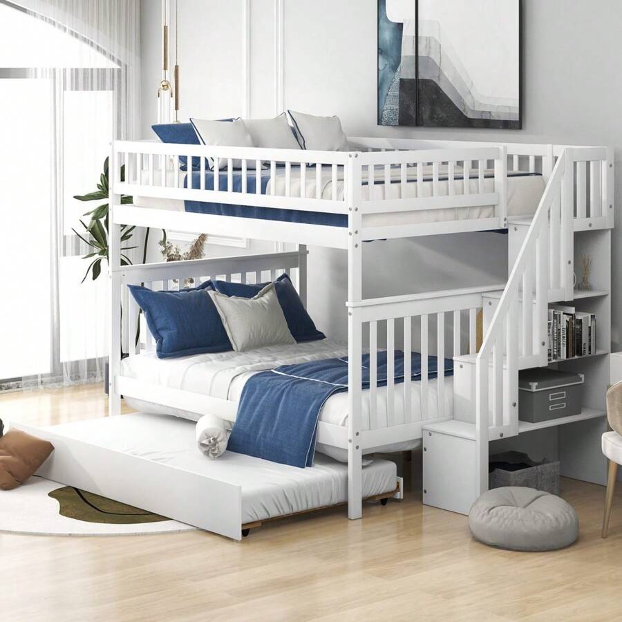 Stairway Full Bunk Bed with Twin Size Trundle and Drawers, Solid Wood Bunk Bed Staircase Full Over Full Bunk Bed with Trundle and Staircase - 白色 - 查看 1