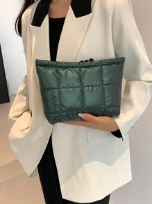 時尚拼布化妝袋，休閒手拿包，設有多功能縫紉刺繡的保暖小羽絨袋 - 墨綠色 - 查看 5