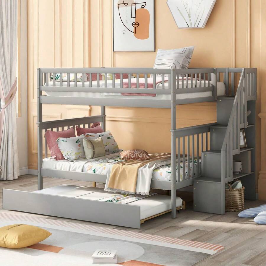 Stairway Full Bunk Bed with Twin Size Trundle and Drawers, Solid Wood Bunk Bed Staircase Full Over Full Bunk Bed with Trundle and Staircase - Gray - View 1