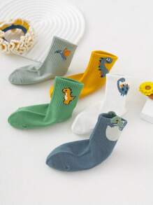 5pairs Boys' Cute Dinosaur Design Fashionable Mid-calf Socks For Daily Wear