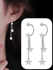 1pair Stainless Steel Star Pendant Chain Dangle Front Back C-shaped Earrings - Silver - View 1