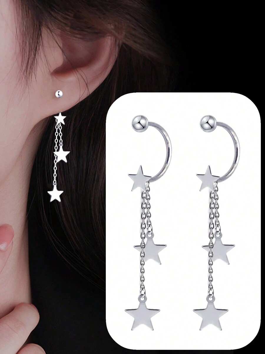 1pair Stainless Steel Star Pendant Chain Dangle Front Back C-shaped Earrings - Silver - View 1