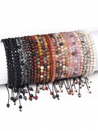 1pc Bohemian Style 4mm Natural Stone Handmade Braided Yoga Beaded Bracelet With Healing Energy Crystal Beads, Adjustable Jewelry