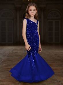 Tween Girl Shiny Sequin Contrast Mesh Mermaid Tail Hem Formal Dress - Royal Blue - View 1