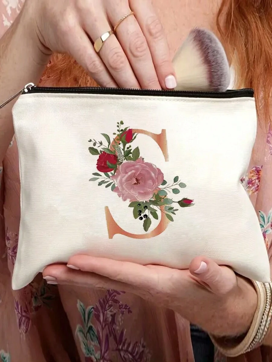 字母花卉印花女士化妝包伴娘化妝盒美容用品收納盒洗漱收納袋婚禮派對新娘禮物梳妝收納盒 - 米色 - 查看 1