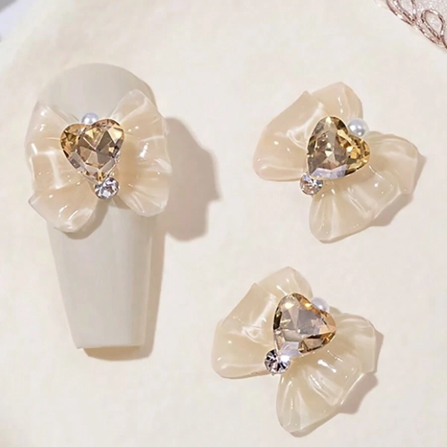 10 Piezas Accesorios De Arte De Uñas En Forma De Corazón Naranja Arcoiris Con Diamantes De Imitación, Perlas Blancas Y Mariposas De Resina - Naranja - Ver 1