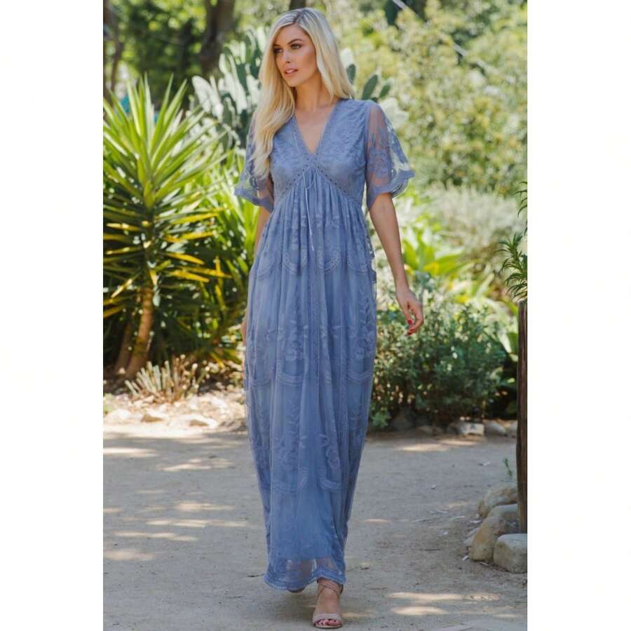 Maxi Vestido Largo Encaje Para Boda Fiesta Playa Casual - Azul - Ver 1