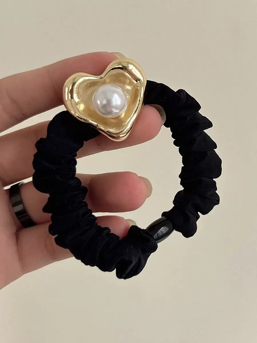 1 件時尚愛心設計金屬珍珠髮飾,高彈性髮帶