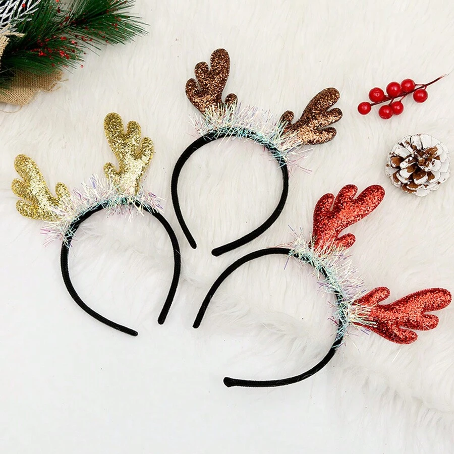 1 件金色聖誕主題派對道具頭飾,帶有閃亮流蘇、條紋和馴鹿角