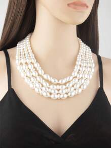 2pcs/Set Fashionable Exaggerated French-Style Multi-Layer Faux Pearl Necklace Set, Suitable For Banquets, Parties, Weddings, And Winter Sweater Dresses