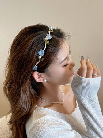 1pc Women's Colorful Light Blue Rose & Faux Pearl Embellished Headband With High-End Texture For Daily & Outdoor Hair Accessory Royal,Dopamine Valentine's Day Valentines,Hairband,Hair Hoop Headbands