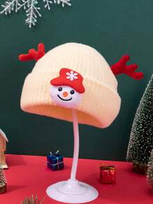 1 件男女通用兒童卡通雪人和鹿角裝飾可愛聖誕針織帽適合秋季、冬季、日常穿著和聖誕服裝