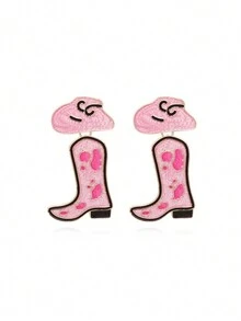 2pcs Personalized Zinc Alloy Dangle Earrings With Oil Drop Western Cowboy Boot And Simple Cow Print Hat Designs - Pink - View 1