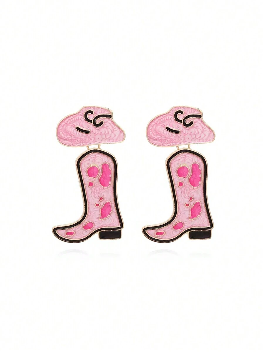 2pcs Personalized Zinc Alloy Dangle Earrings With Oil Drop Western Cowboy Boot And Simple Cow Print Hat Designs - Pink - View 1