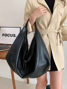 全新女士单肩托特包复古休闲大容量腋下软皮背包 - 黑色 - 查看 6