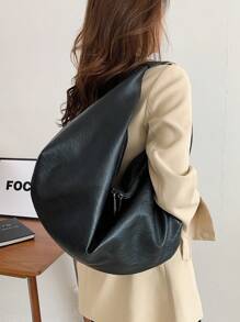 全新女士单肩托特包复古休闲大容量腋下软皮背包 - 黑色 - 查看 5